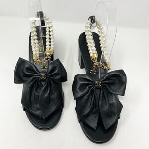 Chanel CC Lambskin Leather Bow Sandal Pearl Ankle Strap CC Charm Black Size 39.5